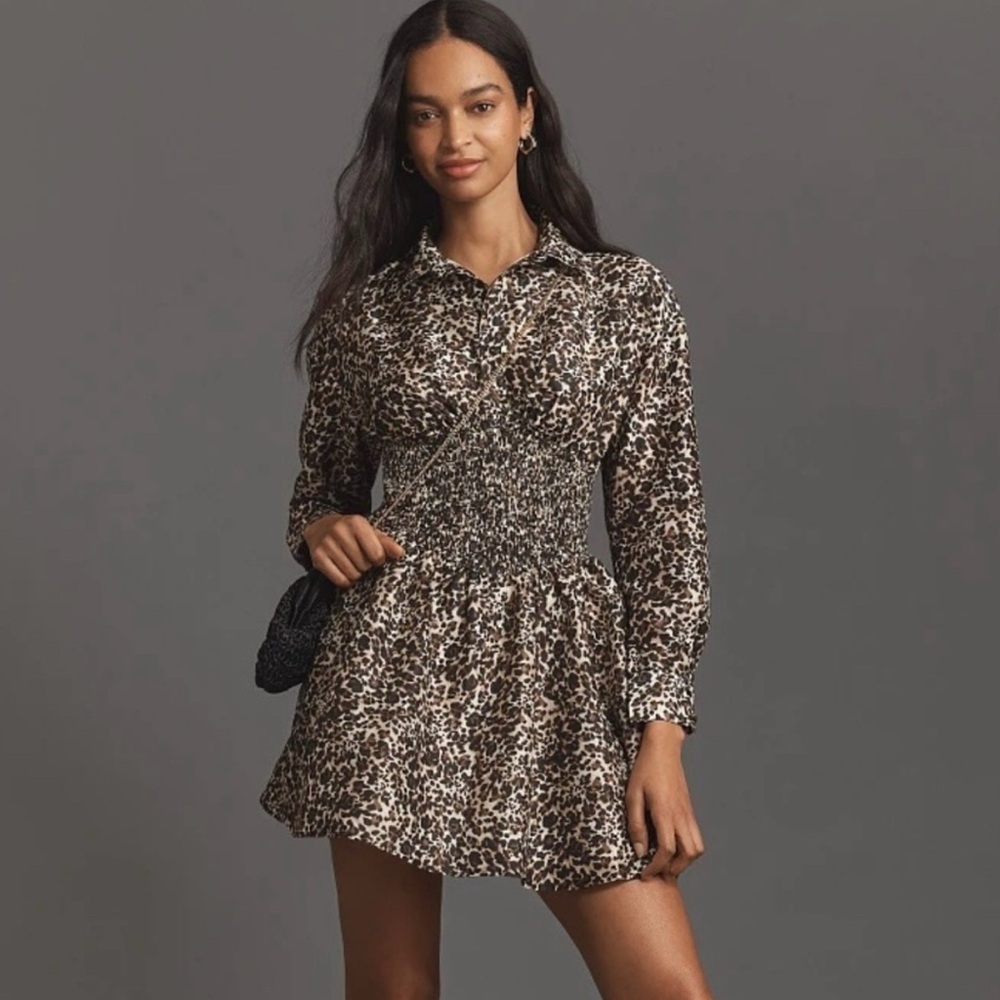 Anthropologie Leopard Print Smocked Waist Dress